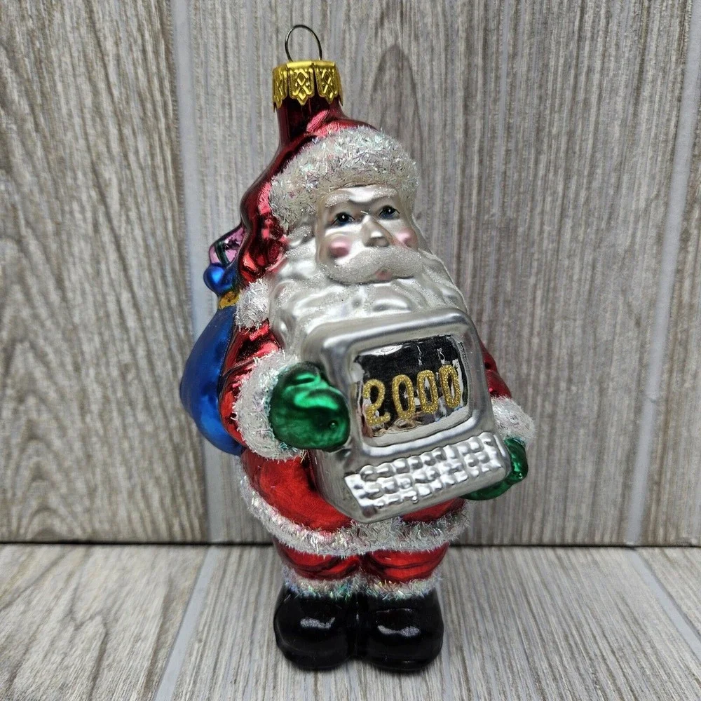 Slavic Treasures‎ 2000 Santa With Computer Glass Ornament Glitter Detail Y2K